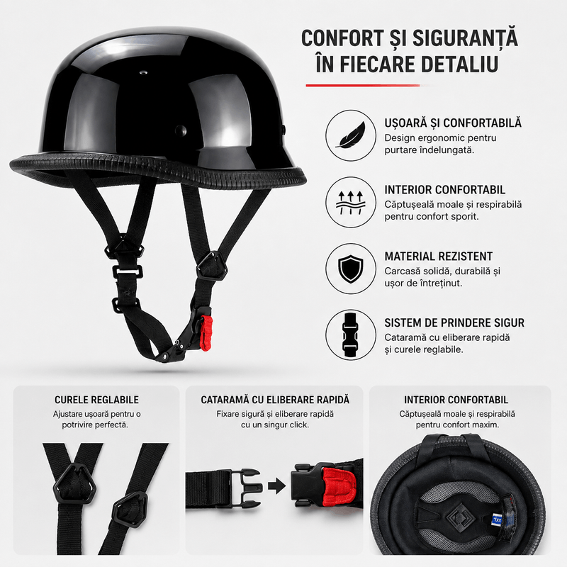 Auto si Moto - Moto - Echipamente protectie moto - Casti moto - Casca Moto/Scuter FIXATO Retro German, Interior Confortabil, Prindere rapida, Negru Lucios, L 59-60cm - Infinity.ro