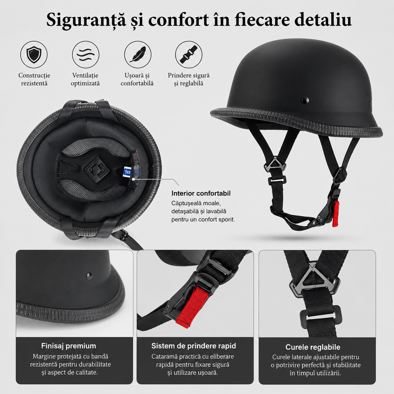 Auto si Moto - Moto - Echipamente protectie moto - Casti moto - Casca Moto/Scuter FIXATO Retro German, Interior Confortabil, Prindere rapida, Negru Mat, XXL 63-64cm - Infinity.ro
