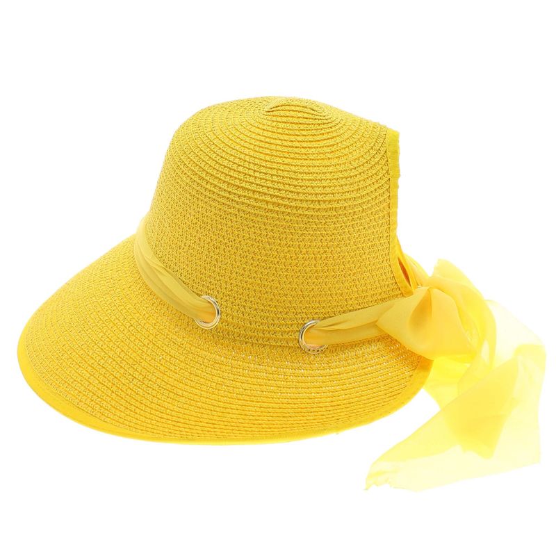 Fashion, accesorii si bijuterii - Femei - Accesorii femei - Caciuli si palarii femei - Palarie de soare, dama, Anoul, din paie de hartie, marime universala/ reglabila, cu banda textila decorativa, Galben - PAL846 - Infinity.ro