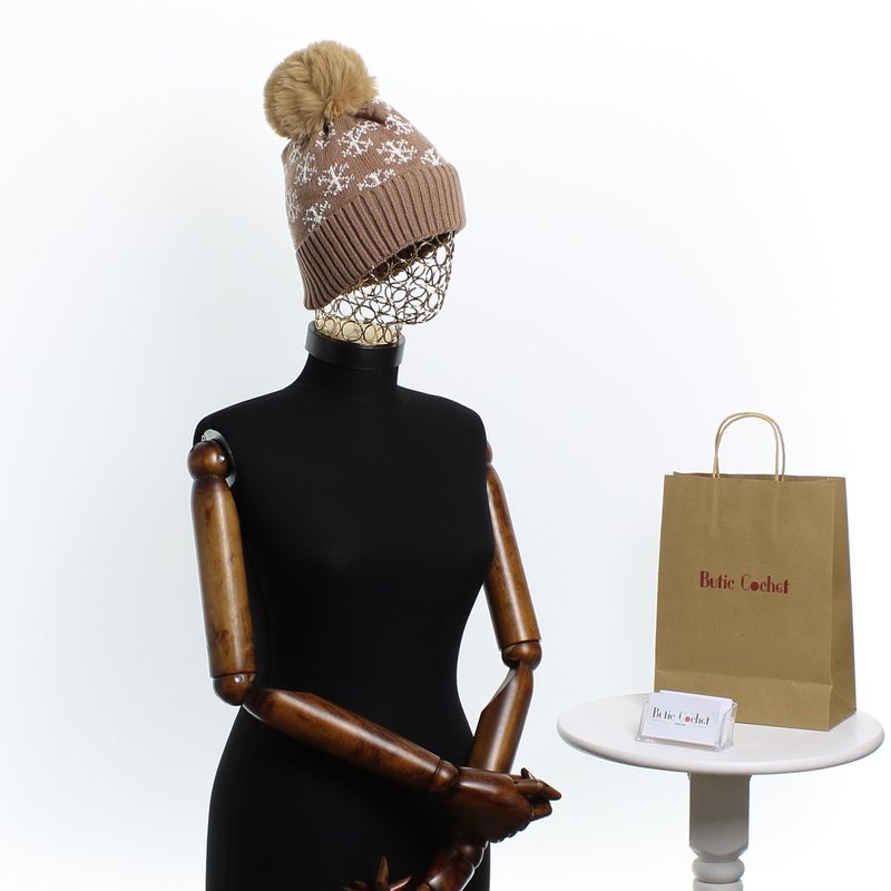 Fashion, accesorii si bijuterii - Femei - Accesorii femei - Caciuli si palarii femei - Caciula dama, ButicCochet, din acril, model cu fulgi, one size, Bej - FES250 - Infinity.ro