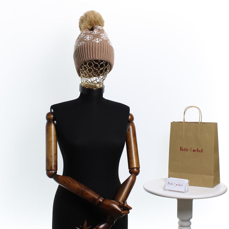 Fashion, accesorii si bijuterii - Femei - Accesorii femei - Caciuli si palarii femei - Caciula dama, ButicCochet, din acril, model cu fulgi, one size, Bej - FES250 - Infinity.ro