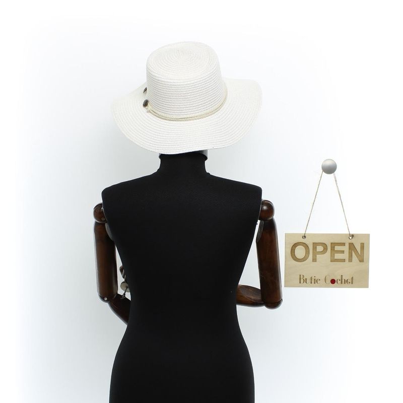 Fashion, accesorii si bijuterii - Femei - Accesorii femei - Caciuli si palarii femei - Palarie de soare, Dama, Buticcochet, din paie de hartie, cu snur decorativ, Alb - PAL1582 - Infinity.ro