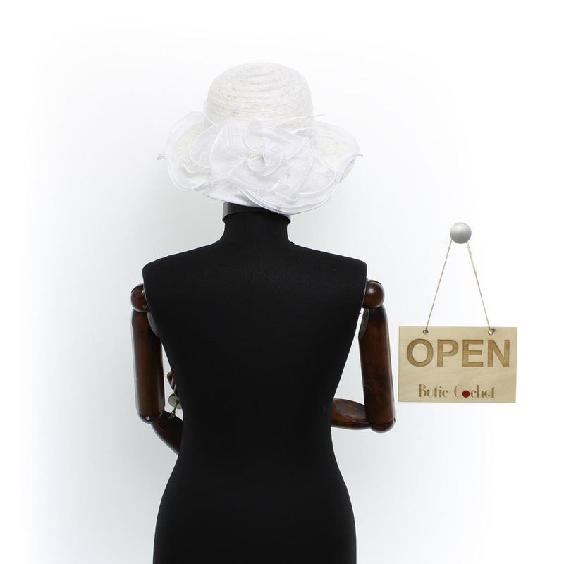 Fashion, accesorii si bijuterii - Femei - Accesorii femei - Caciuli si palarii femei - Palarie de soare, Dama, Buticcochet, din paie de hartie, cu snur decorativ, Alb - PAL1582 - Infinity.ro