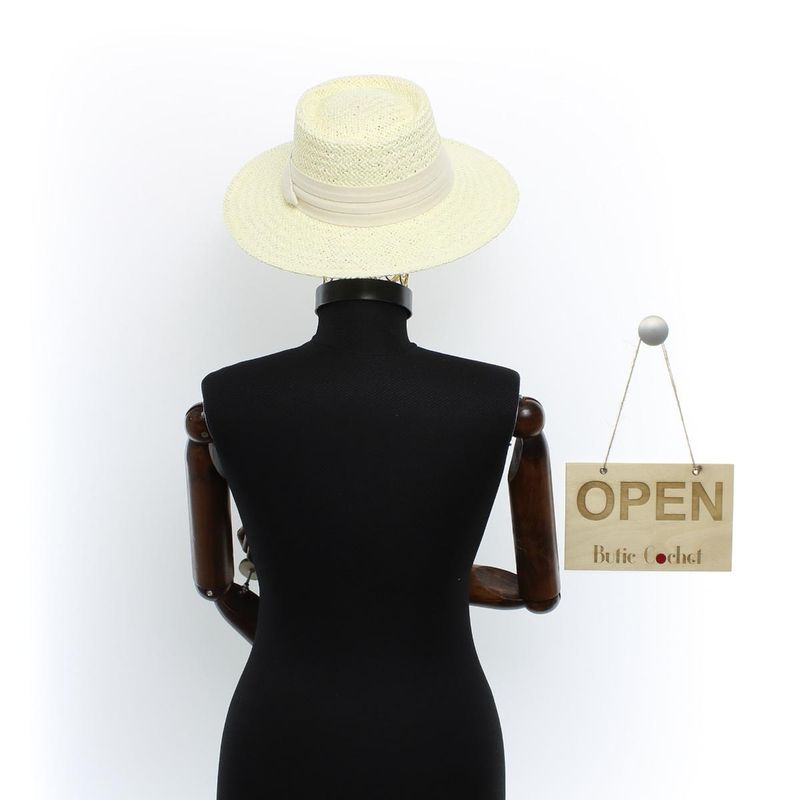Fashion, accesorii si bijuterii - Femei - Accesorii femei - Caciuli si palarii femei - Palarie de soare, dama, ButicCochet, din paie de hartie, marime 59 cm / reglabila, cu bor mare, banda textila crem - PAL1565 - Infinity.ro