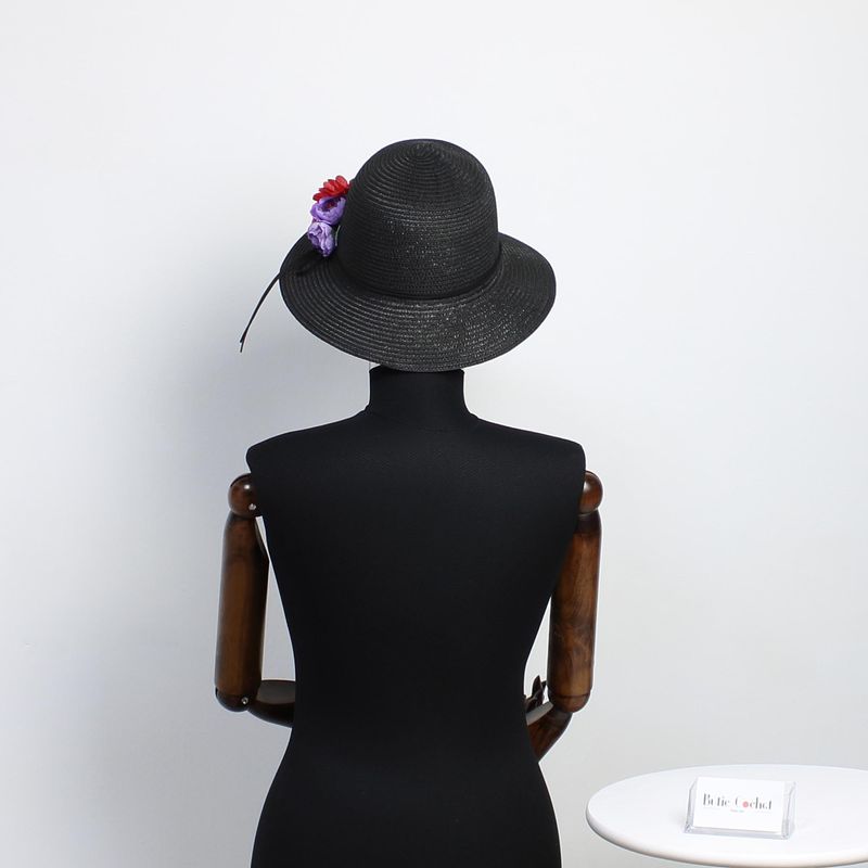 Fashion, accesorii si bijuterii - Femei - Accesorii femei - Caciuli si palarii femei - Palarie de soare, dama, Anoul, din paie de hartie, marime universala/ reglabila, cu flori decorative, Negru - PAL1367 - Infinity.ro