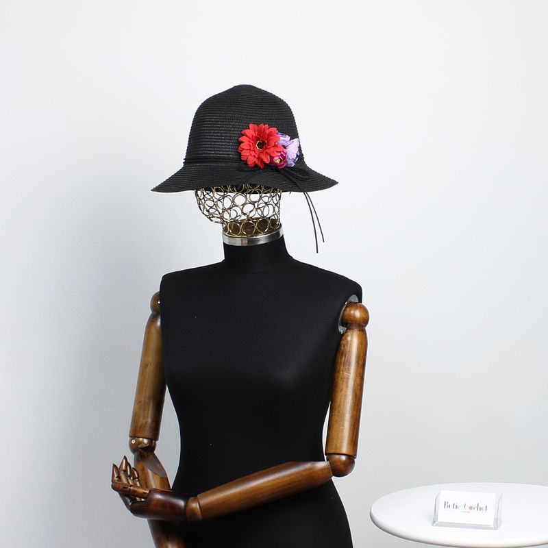 Fashion, accesorii si bijuterii - Femei - Accesorii femei - Caciuli si palarii femei - Palarie de soare, dama, Anoul, din paie de hartie, marime universala/ reglabila, cu flori decorative, Negru - PAL1367 - Infinity.ro