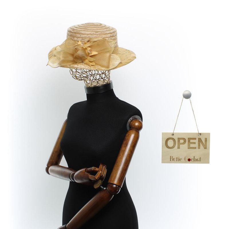 Fashion, accesorii si bijuterii - Femei - Accesorii femei - Caciuli si palarii femei - Palarie de soare, Dama, Buticcochet, din material textil, cu fundita si floare, Maro - PAL1571 - Infinity.ro