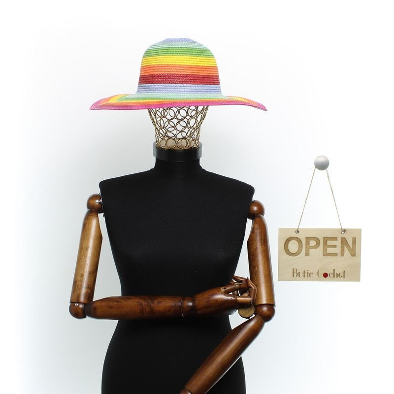Fashion, accesorii si bijuterii - Femei - Accesorii femei - Caciuli si palarii femei - Palarie de soare, dama, Anoul, din paie de hartie, one size, bor mare, cu floare decorativa, Multicolor - PAL1560 - Infinity.ro
