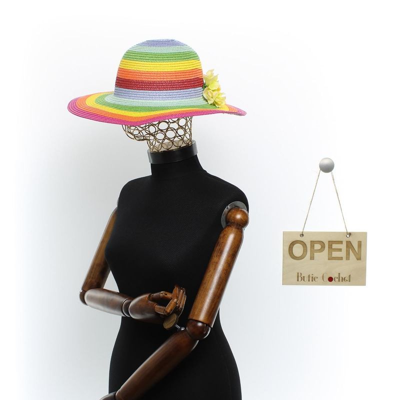 Fashion, accesorii si bijuterii - Femei - Accesorii femei - Caciuli si palarii femei - Palarie de soare, dama, Anoul, din paie de hartie, one size, bor mare, cu floare decorativa, Multicolor - PAL1560 - Infinity.ro