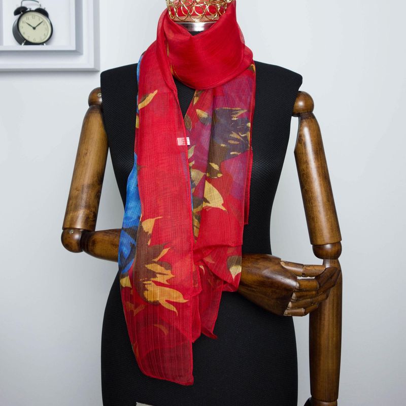 Fashion, accesorii si bijuterii - Femei - Accesorii femei - Esarfe si fulare femei - Esarfa, de dama, Buticcochet, Rosu cu imprimeu floral, 50x160 cm - ES629 - Infinity.ro