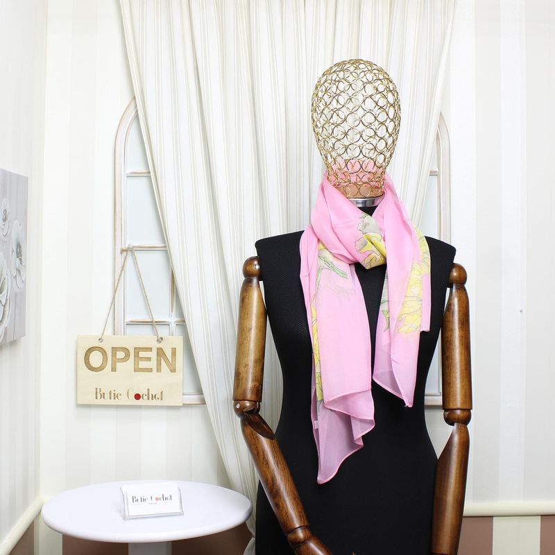 Fashion, accesorii si bijuterii - Femei - Accesorii femei - Esarfe si fulare femei - Esarfa, de dama, Buticcochet, din poliester, imprimeu floral, 50x150 cm, Roz pal - ES2177 - Infinity.ro