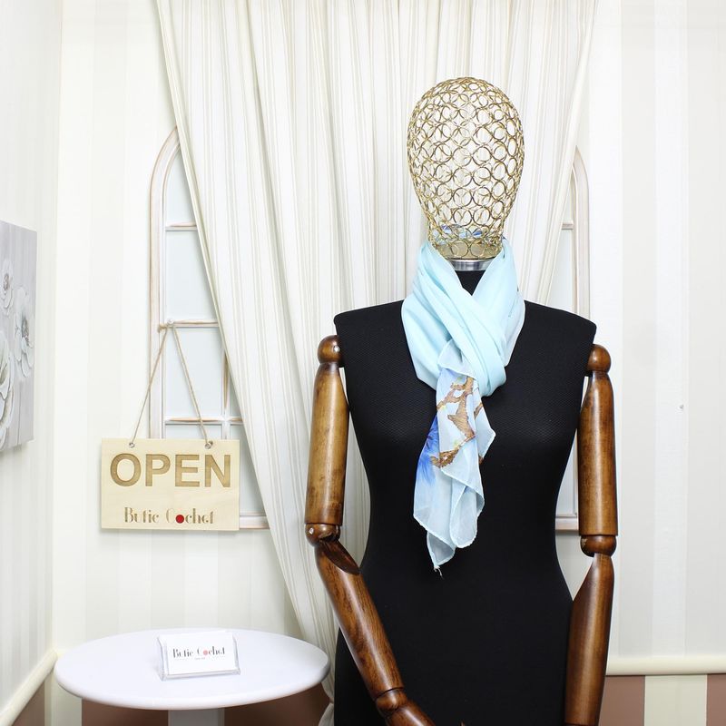 Fashion, accesorii si bijuterii - Femei - Accesorii femei - Esarfe si fulare femei - Esarfa, de dama, Buticcochet, din poliester, imprimeu cu magnolie, 50x150 cm, Albastru - ES2172 - Infinity.ro