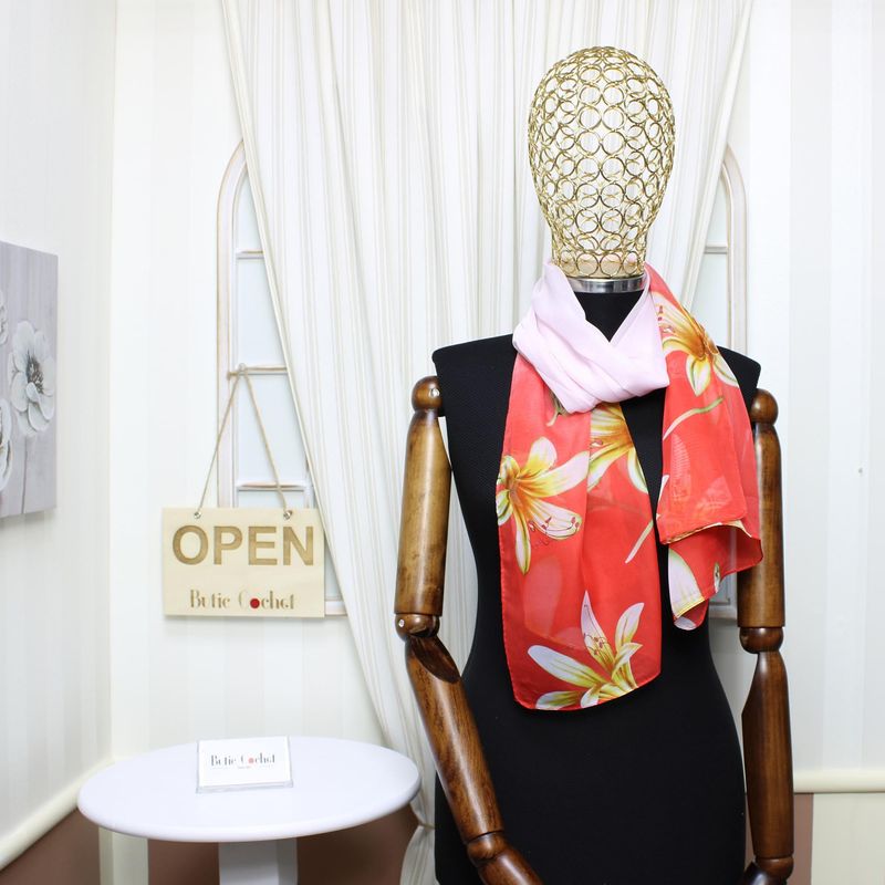 Fashion, accesorii si bijuterii - Femei - Accesorii femei - Esarfe si fulare femei - Esarfa, de dama, Buticcochet, din poliester, imprimeu floral, 50x150 cm, Rosu - ES1997 - Infinity.ro