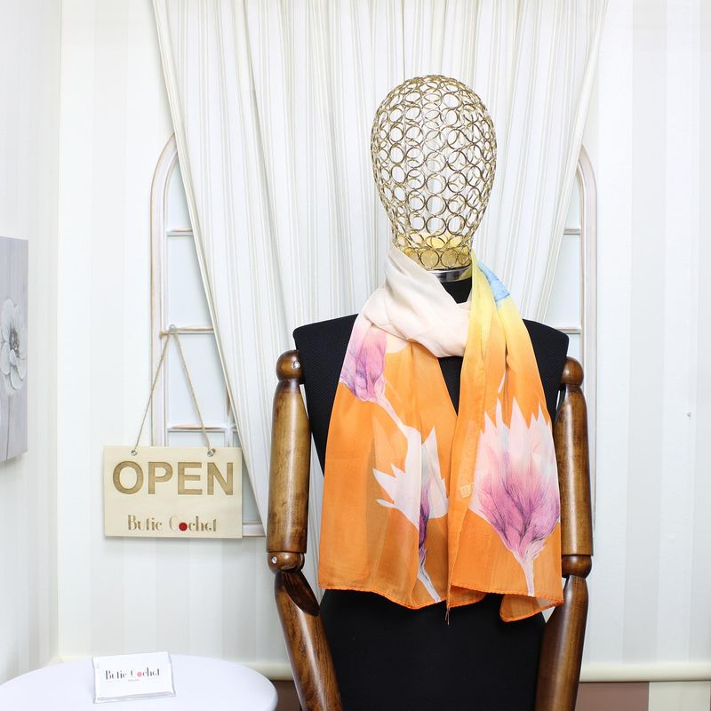 Fashion, accesorii si bijuterii - Femei - Accesorii femei - Esarfe si fulare femei - Esarfa, de dama, Buticcochet, din poliester, imprimeu cu floricele, 50x150 cm, Portocaliu - ES1932 - Infinity.ro