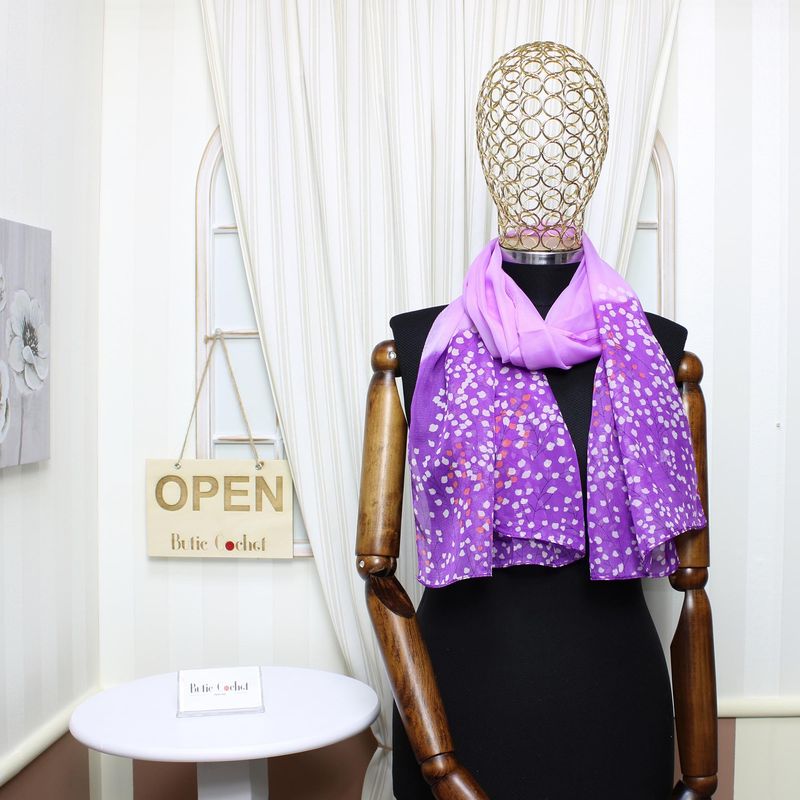 Fashion, accesorii si bijuterii - Femei - Accesorii femei - Esarfe si fulare femei - Esarfa, de dama, Buticcochet, din poliester, imprimeu cu lacramioare, 50x150 cm, Mov - ES1993 - Infinity.ro