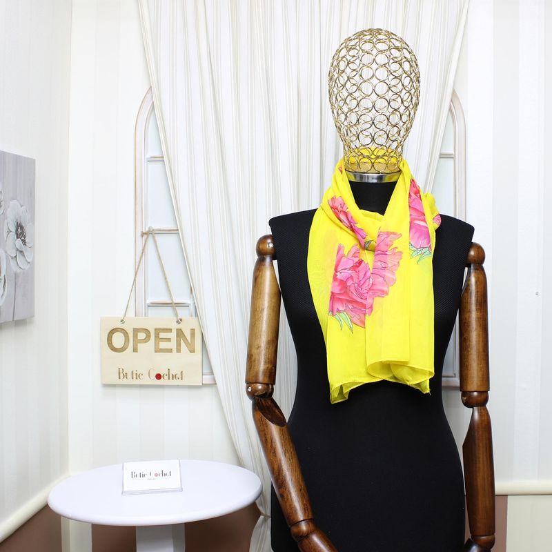 Fashion, accesorii si bijuterii - Femei - Accesorii femei - Esarfe si fulare femei - Esarfa, de dama, Buticcochet, din poliester, imprimeu floral, 50x150 cm, Galben - ES2092 - Infinity.ro