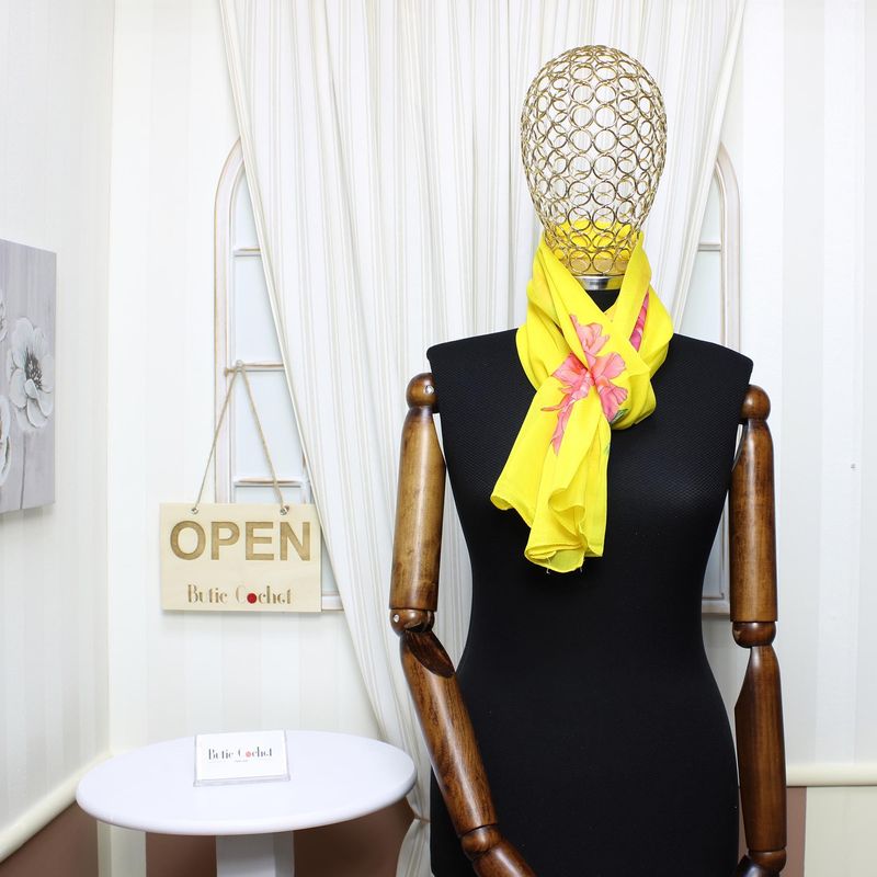 Fashion, accesorii si bijuterii - Femei - Accesorii femei - Esarfe si fulare femei - Esarfa, de dama, Buticcochet, din poliester, imprimeu floral, 50x150 cm, Galben - ES2092 - Infinity.ro