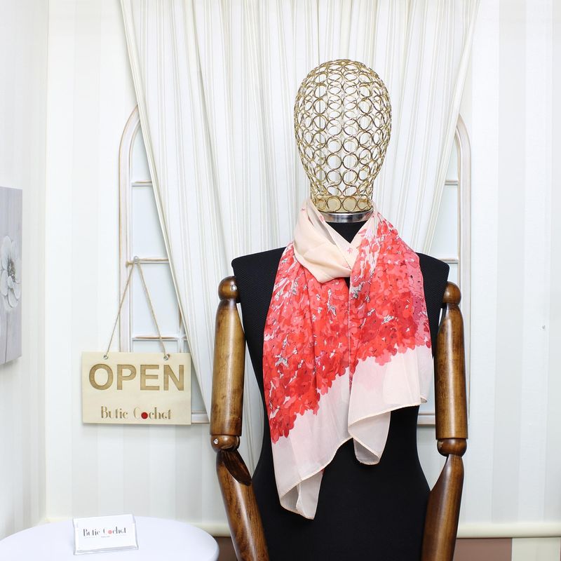 Fashion, accesorii si bijuterii - Femei - Accesorii femei - Esarfe si fulare femei - Esarfa, de dama, Buticcochet, din poliester, imprimeu cu floricele, 50x150 cm, Rosu - ES1929 - Infinity.ro