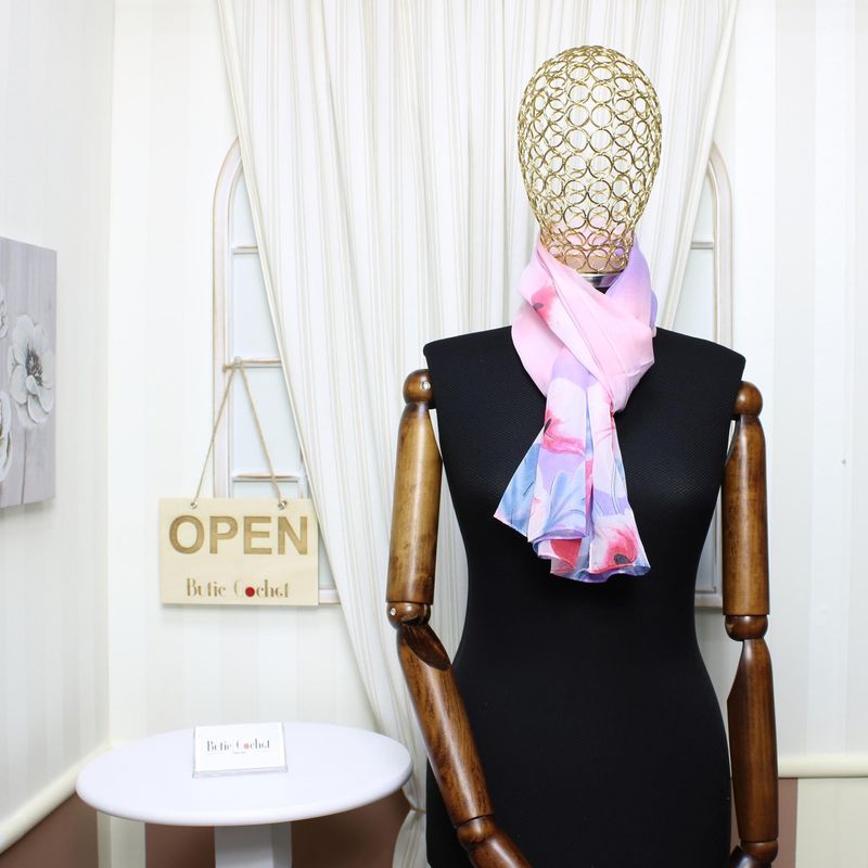 Fashion, accesorii si bijuterii - Femei - Accesorii femei - Esarfe si fulare femei - Esarfa, de dama, Buticcochet, din poliester, imprimeu floral mac, 50x150 cm, Roz pal - ES1988 - Infinity.ro