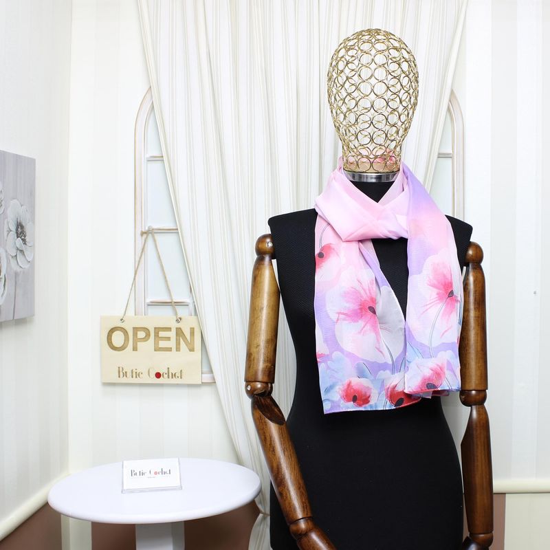 Fashion, accesorii si bijuterii - Femei - Accesorii femei - Esarfe si fulare femei - Esarfa, de dama, Buticcochet, din poliester, imprimeu floral mac, 50x150 cm, Roz pal - ES1988 - Infinity.ro