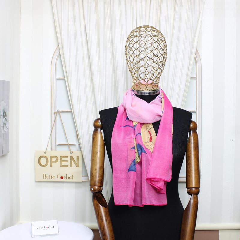 Fashion, accesorii si bijuterii - Femei - Accesorii femei - Esarfe si fulare femei - Esarfa, de dama, Buticcochet, din poliester, imprimeu cu flori,  50x150 cm, Roz - ES1917 - Infinity.ro
