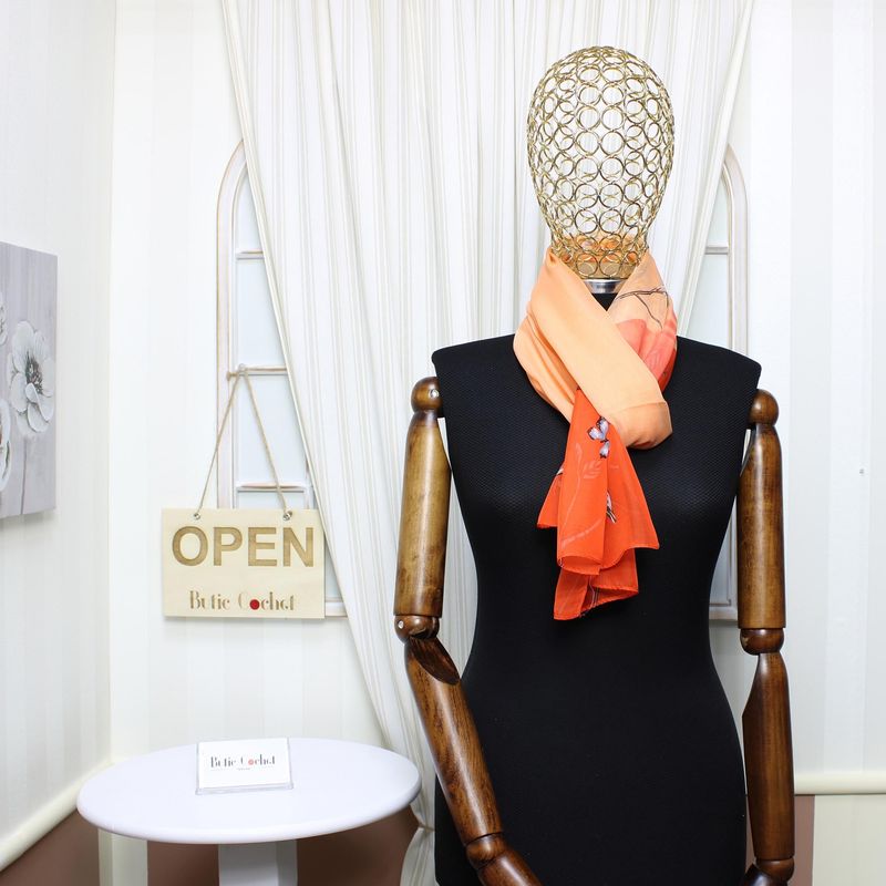 Fashion, accesorii si bijuterii - Femei - Accesorii femei - Esarfe si fulare femei - Esarfa, de dama, Buticcochet, din poliester, imprimeu cu pasari, 50x150 cm, Portocaliu - ES1981 - Infinity.ro