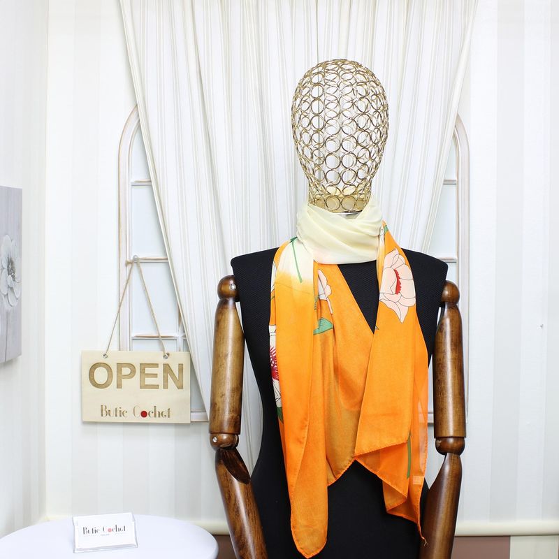 Fashion, accesorii si bijuterii - Femei - Accesorii femei - Esarfe si fulare femei - Esarfa, de dama, Buticcochet, din poliester, imprimeu cu flori,  50x150 cm, Portocaliu - ES1918 - Infinity.ro