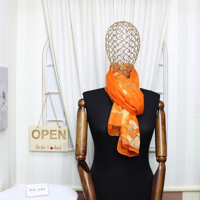 Fashion, accesorii si bijuterii - Femei - Accesorii femei - Esarfe si fulare femei - Esarfa, de dama, Buticcochet, din poliester, imprimeu cu magnolie, 50x150 cm, Portocaliu - ES1964 - Infinity.ro
