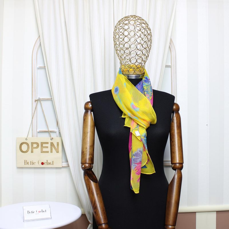 Fashion, accesorii si bijuterii - Femei - Accesorii femei - Esarfe si fulare femei - Esarfa, de dama, Buticcochet, din poliester, imprimeu cu pene, 50x160 cm, Galben - ES1814 - Infinity.ro