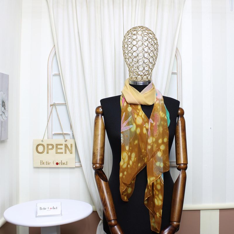 Fashion, accesorii si bijuterii - Femei - Accesorii femei - Esarfe si fulare femei - Esarfa, de dama, Buticcochet, din poliester, imprimeu cu flori, 50x160 cm, Maro - ES1785 - Infinity.ro