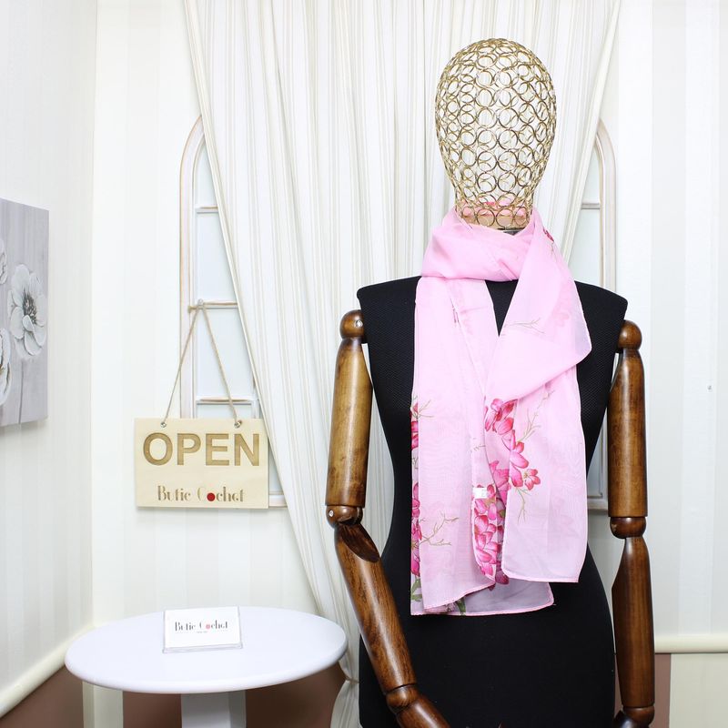 Fashion, accesorii si bijuterii - Femei - Accesorii femei - Esarfe si fulare femei - Esarfa, de dama, Buticcochet, din poliester, imprimeu cu flori, 50x150 cm, Roz - ES1976 - Infinity.ro