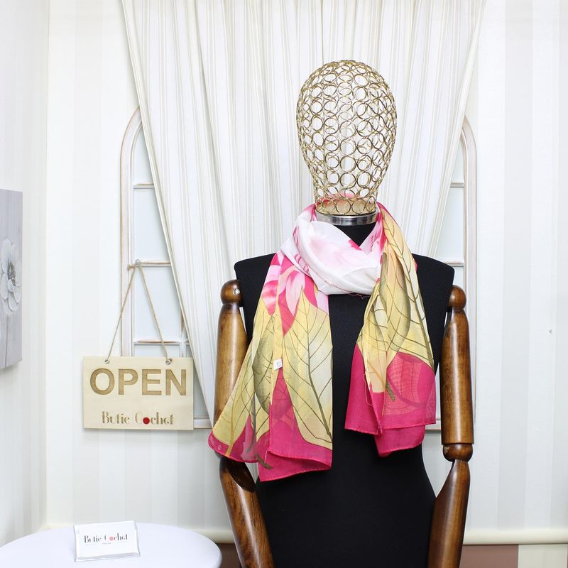 Fashion, accesorii si bijuterii - Femei - Accesorii femei - Esarfe si fulare femei - Esarfa, de dama, Buticcochet, din poliester, imprimeu cu frunze, 50x150 cm, Roz - ES1943 - Infinity.ro