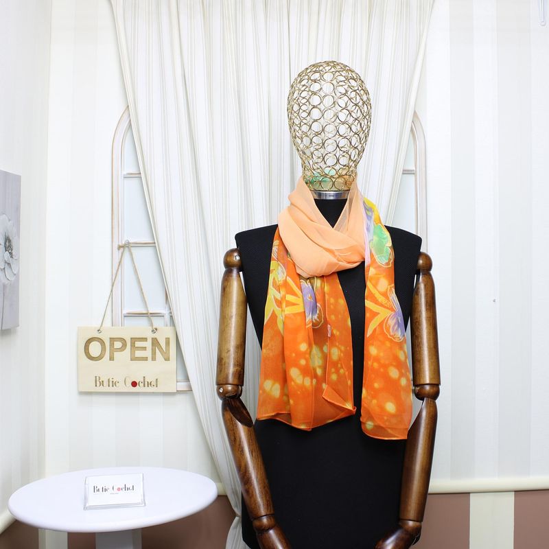 Fashion, accesorii si bijuterii - Femei - Accesorii femei - Esarfe si fulare femei - Esarfa, de dama, Buticcochet, din poliester, imprimeu cu flori, 50x160 cm, Portocaliu- ES1787 - Infinity.ro