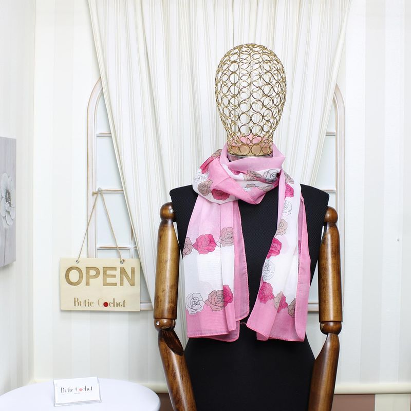 Fashion, accesorii si bijuterii - Femei - Accesorii femei - Esarfe si fulare femei - Esarfa, de dama, Buticcochet, din poliester, imprimeu cu trandafiri, 50x150 cm, Roz - ES1950 - Infinity.ro