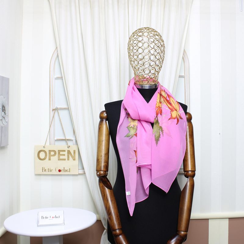 Fashion, accesorii si bijuterii - Femei - Accesorii femei - Esarfe si fulare femei - Esarfa, de dama, Buticcochet, din poliester, imprimeu cu frunze, 50x160 cm, Roz - ES1794 - Infinity.ro