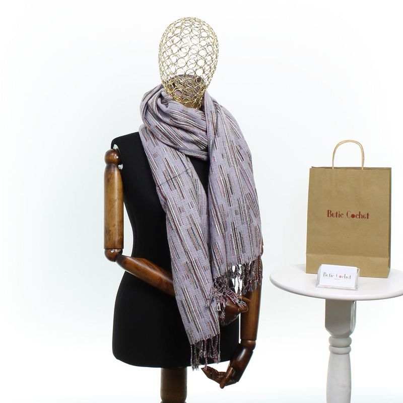 Fashion, accesorii si bijuterii - Femei - Accesorii femei - Esarfe si fulare femei - Esarfa, de dama, Buticcochet, lana, cu franjuri, model stilizat, 70x180 cm, Lila - ES1759 - Infinity.ro