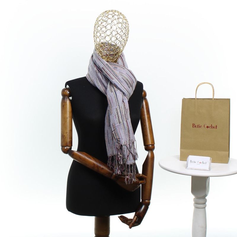 Fashion, accesorii si bijuterii - Femei - Accesorii femei - Esarfe si fulare femei - Esarfa, de dama, Buticcochet, lana, cu franjuri, model stilizat, 70x180 cm, Lila - ES1759 - Infinity.ro