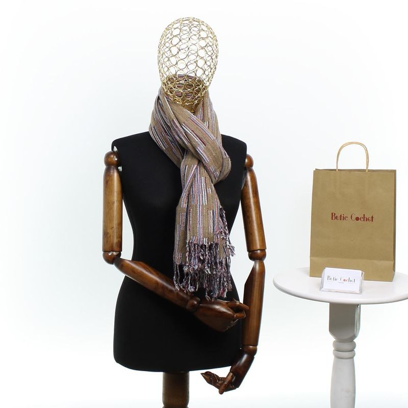 Fashion, accesorii si bijuterii - Femei - Accesorii femei - Esarfe si fulare femei - Esarfa, de dama, Buticcochet, lana, cu franjuri, model stilizat, 70x180 cm, Maro - ES1760 - Infinity.ro