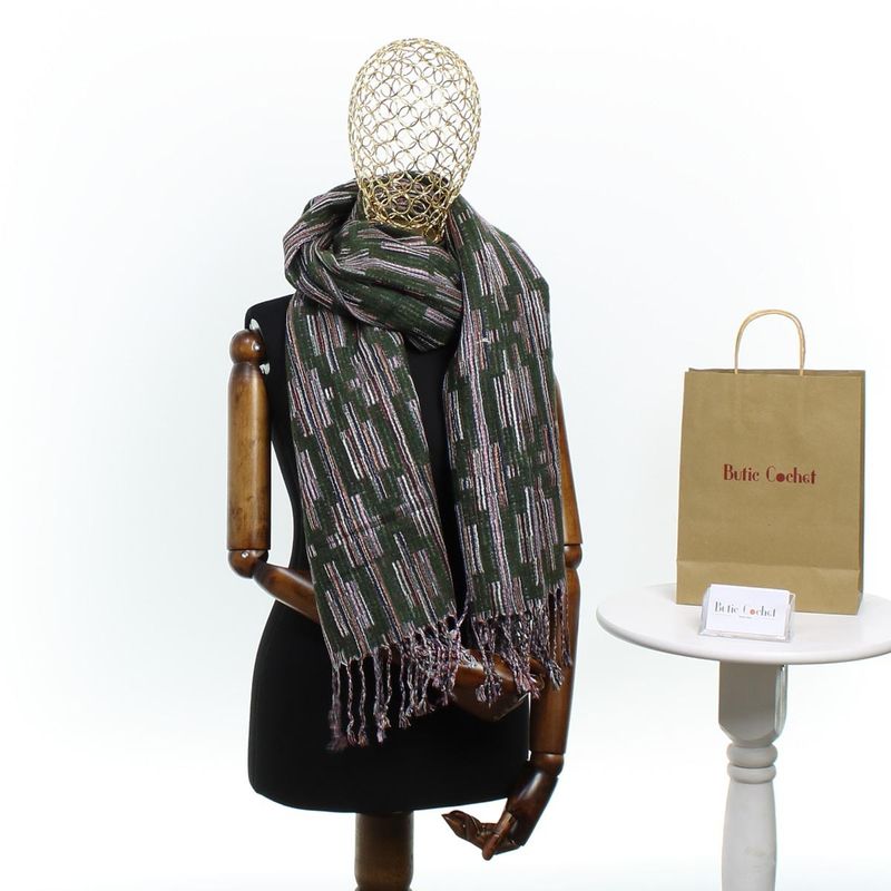 Fashion, accesorii si bijuterii - Femei - Accesorii femei - Esarfe si fulare femei - Esarfa, de dama, Buticcochet, lana, cu franjuri, model stilizat, 70x180 cm, Verde - ES1761 - Infinity.ro
