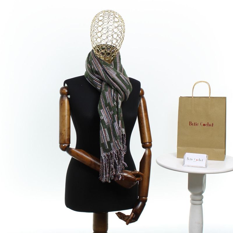 Fashion, accesorii si bijuterii - Femei - Accesorii femei - Esarfe si fulare femei - Esarfa, de dama, Buticcochet, lana, cu franjuri, model stilizat, 70x180 cm, Verde - ES1761 - Infinity.ro