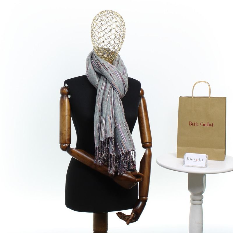 Fashion, accesorii si bijuterii - Femei - Accesorii femei - Esarfe si fulare femei - Esarfa, de dama, Buticcochet, lana, cu franjuri, model stilizat, 70x180 cm, Bleu - ES1758 - Infinity.ro