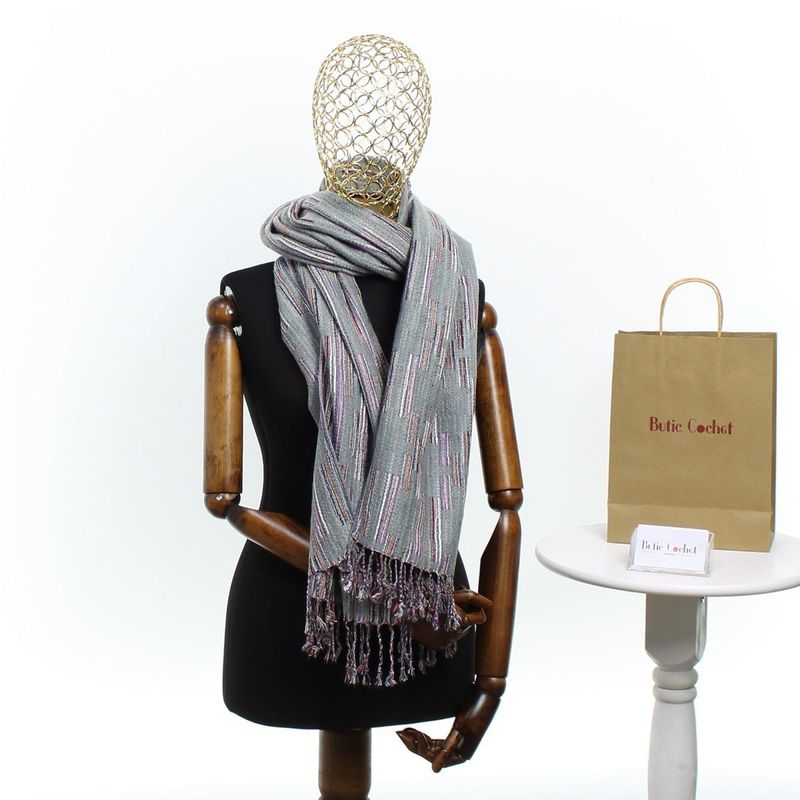 Fashion, accesorii si bijuterii - Femei - Accesorii femei - Esarfe si fulare femei - Esarfa, de dama, Buticcochet, lana, cu franjuri, model stilizat, 70x180 cm, Bleu - ES1758 - Infinity.ro