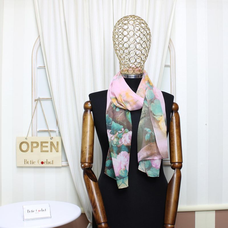 Fashion, accesorii si bijuterii - Femei - Accesorii femei - Esarfe si fulare femei - Esarfa, de dama, Buticcochet, din poliester, cu imprimeu floral, 50x160 cm, Roz pal - ES1706 - Infinity.ro