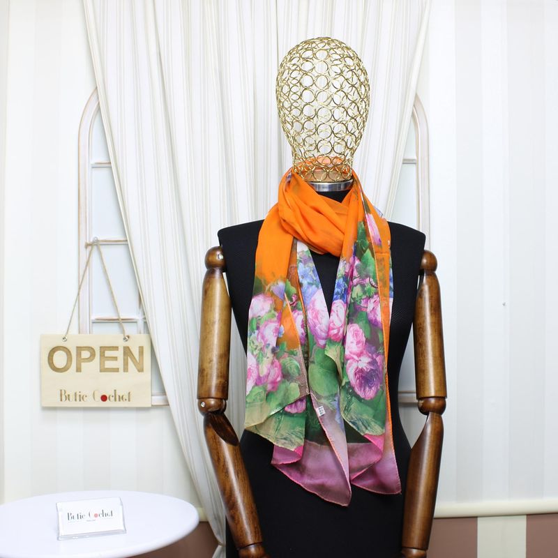 Fashion, accesorii si bijuterii - Femei - Accesorii femei - Esarfe si fulare femei - Esarfa, de dama, Buticcochet, din poliester, cu imprimeu floral, 50x160 cm, Portocaliu - ES1705 - Infinity.ro