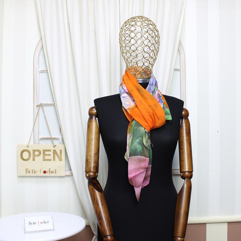 Fashion, accesorii si bijuterii - Femei - Accesorii femei - Esarfe si fulare femei - Esarfa, de dama, Buticcochet, din poliester, cu imprimeu floral, 50x160 cm, Portocaliu - ES1705 - Infinity.ro