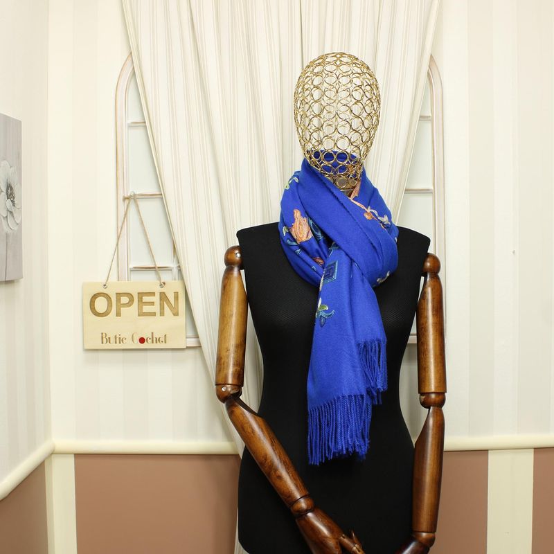 Fashion, accesorii si bijuterii - Femei - Accesorii femei - Esarfe si fulare femei - Esarfa, de dama, Buticcochet, Casmir, cu model ren brodat, 70x180 cm, Albastru - ES1528 - Infinity.ro
