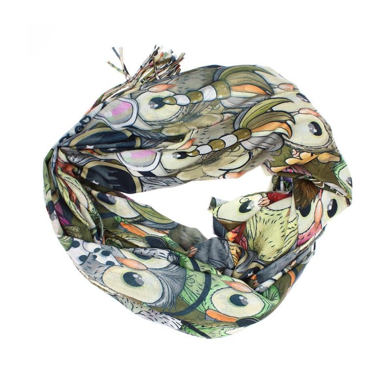 Fashion, accesorii si bijuterii - Femei - Accesorii femei - Esarfe si fulare femei - Esarfa, de dama, Buticcochet, Casmir, 70x170 cm, model cu bufnite, Kaki - ES2783 - Infinity.ro