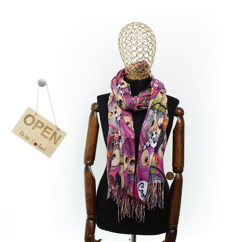 Fashion, accesorii si bijuterii - Femei - Accesorii femei - Esarfe si fulare femei - Esarfa, de dama, Buticcochet, Casmir, 70x170 cm, model cu bufnite, Fucsia - ES2788 - Infinity.ro