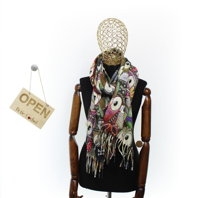 Fashion, accesorii si bijuterii - Femei - Accesorii femei - Esarfe si fulare femei - Esarfa, de dama, Buticcochet, Casmir, 70x170 cm, model cu bufnite, Kaki - ES2783 - Infinity.ro
