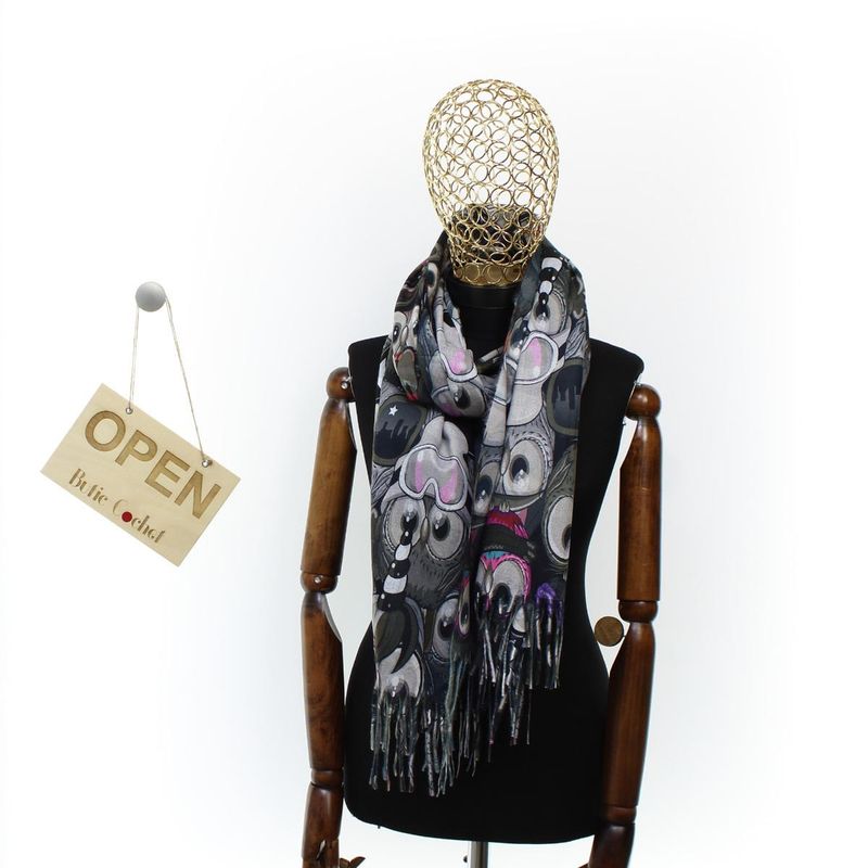 Fashion, accesorii si bijuterii - Femei - Accesorii femei - Esarfe si fulare femei - Esarfa, de dama, Buticcochet, Casmir, 70x170 cm, model cu bufnite, Gri - ES2780 - Infinity.ro